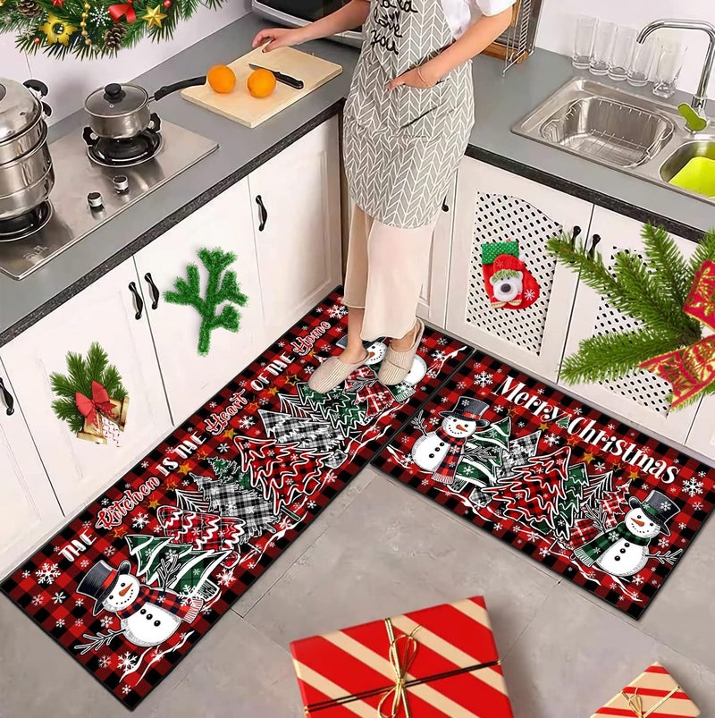 UYDOXCU Merry Christmas Kitchen Rugs and Mats Set of 2, Buffalo Plaid Winter Xmas Holiday Home Kitchen Decor Floor Mats, Washable Non-Slip Sink Carpet (Christmas 1, 17"x47"+17"x30") - Image 3